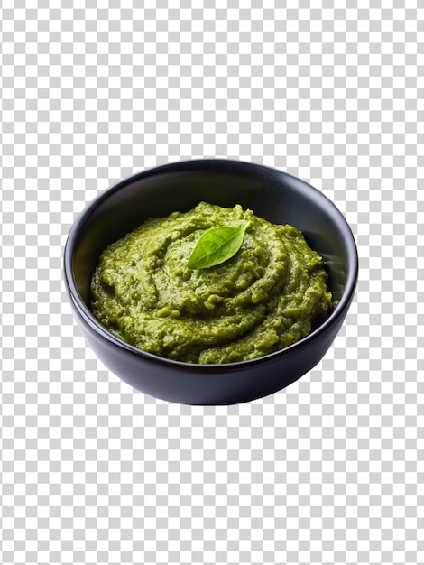 Pesto sauce on black bowl isolated on transparent background