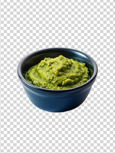 Pesto sauce on black bowl isolated on transparent background