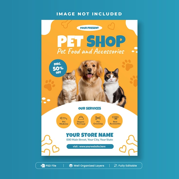 PSD pet shop flyer template with cat and dog illustration