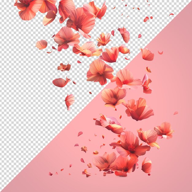 PSD petal flowers flying in the air in spring season isolated on transparent background