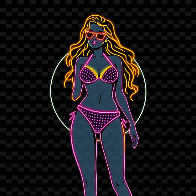 Petite Woman in Bikini Neon Pop Art Design With Bold Primary Colors Theme Decorated With Dots and Bo