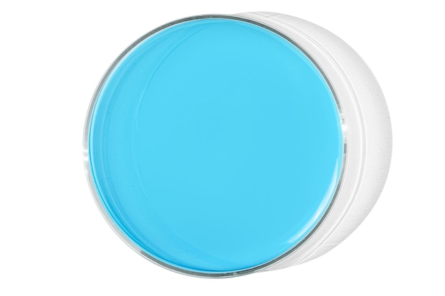 Petri dish isolated on empty background Blue liquid in a Petri dish