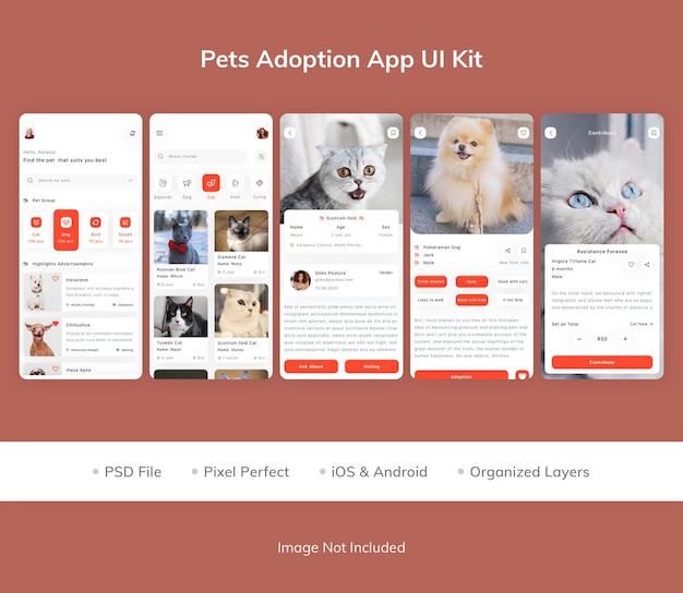 PSD pets adoption app ui kit pack