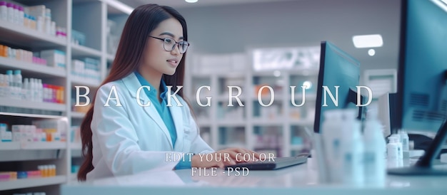 The pharmacist in front of the computer is checking the medicine stock list