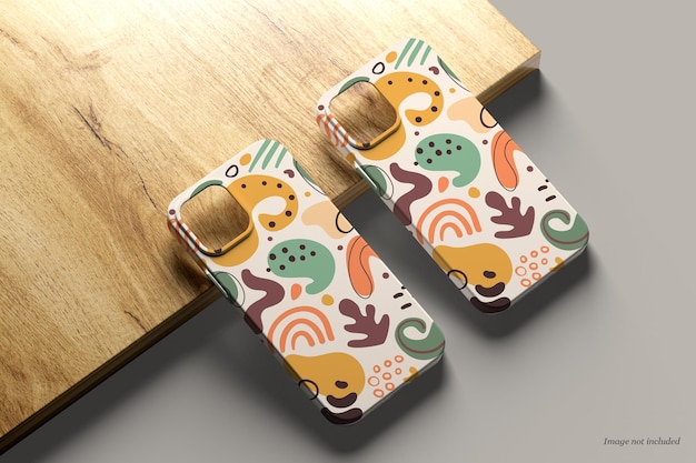 PSD phone case mockup on a wood panel