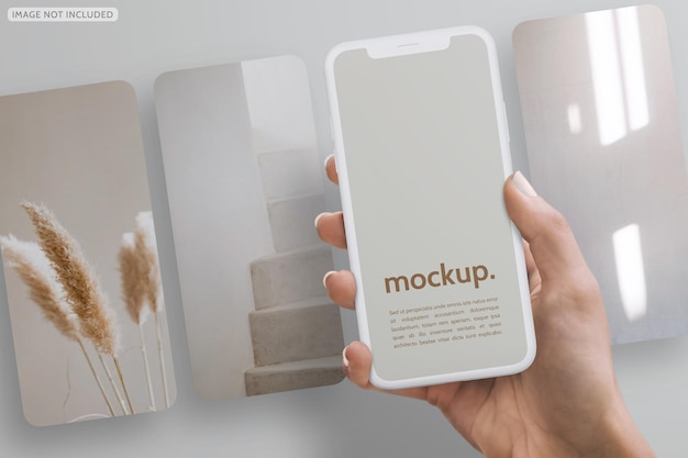 Phone device mockup in hand multi screen clay interface app concept website showcase isolated