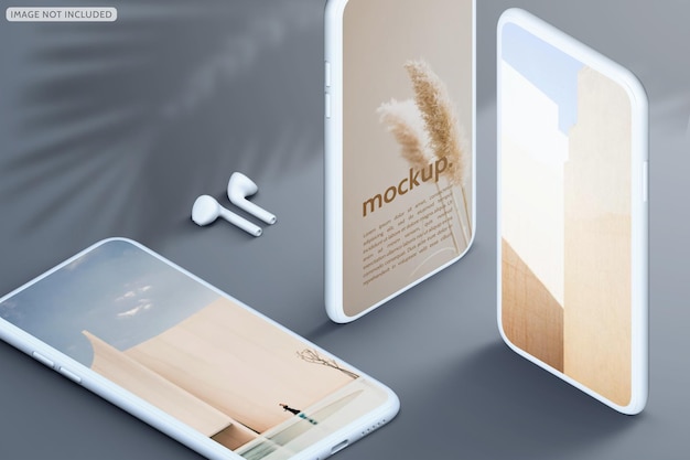 Phone device multi screen clay mockup interface app concept website showcase and headsets isometric