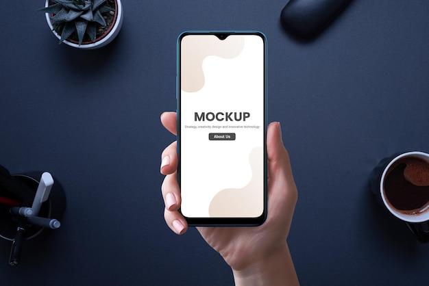 Phone display mockup in hand Office business theme