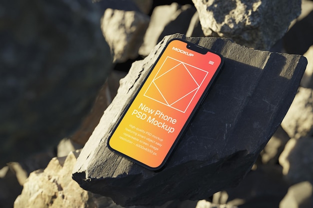 Phone dynamic mockup flying on rocks realistic shot Smartphone with screen for branding identity