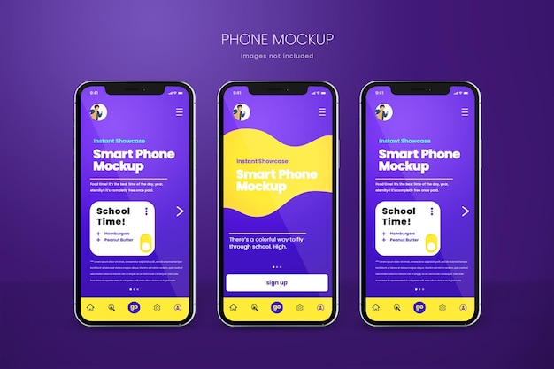 Phone mockup of three smartphones on purple gradient background