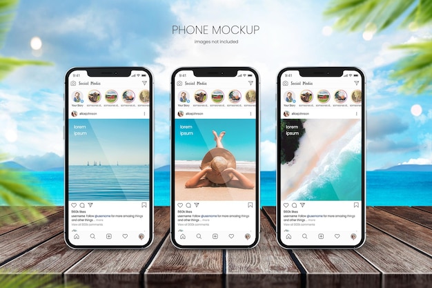 Phone mockup of three smartphones on rustic wooden tabletop with blue sky