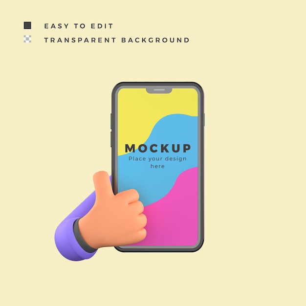 phone mockup with 3d illustration okay recommend hand gesture