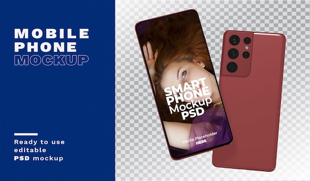 A phone mockup with a woman on the front and a blue background that says smart phone mockup psd.