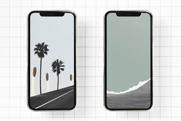 PSD phones mockup with minimal nature scene wallpaper