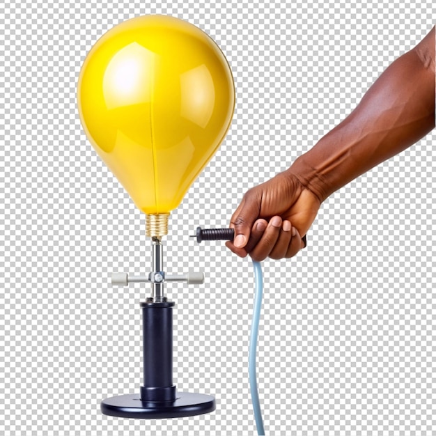 PSD photo black hand air pump inflates balloon with id on transparent background