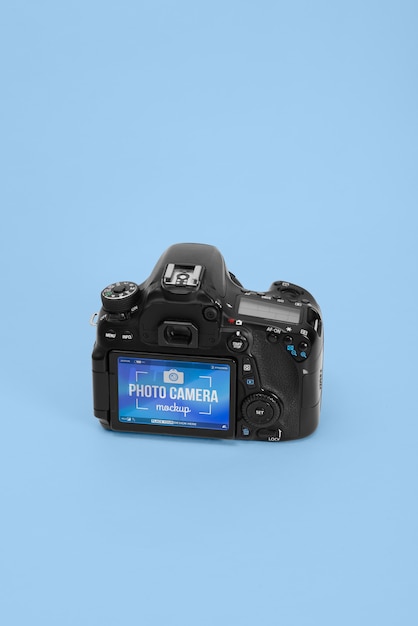 Photo camera with blue background mockup