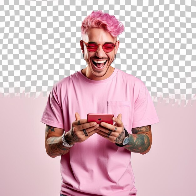 Photo of cheerful man with dyed pink hair laughs at meme his friend sent to him holds mobile phone i