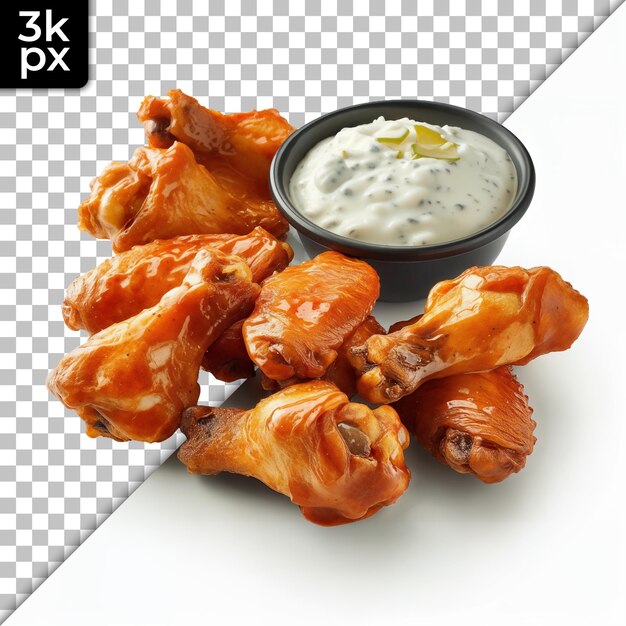 PSD a photo of chicken wings and a cup of dip