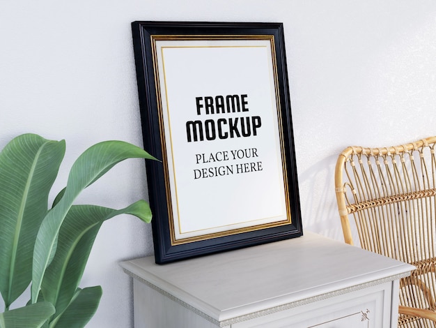 Photo Frame Mockup on the Desk with Chair and Plant