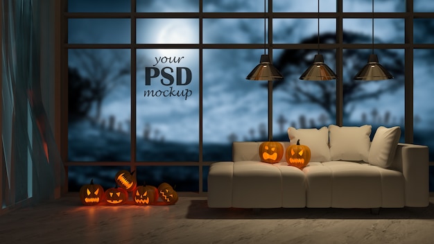 PSD photo frame mockup. an interior design in halloween festival. pumpkin head on sofa 