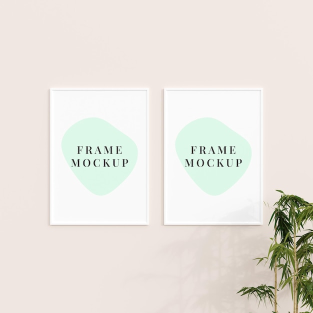 Photo frame mockup in living room with empty space hanging on the wall and plant