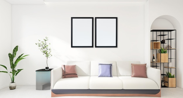 Photo frame mockup in minimal living room interior design with sofa, white background