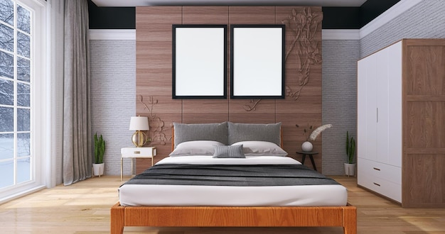 Photo frame mockup in modern bedroom interior design with bed, wooden background