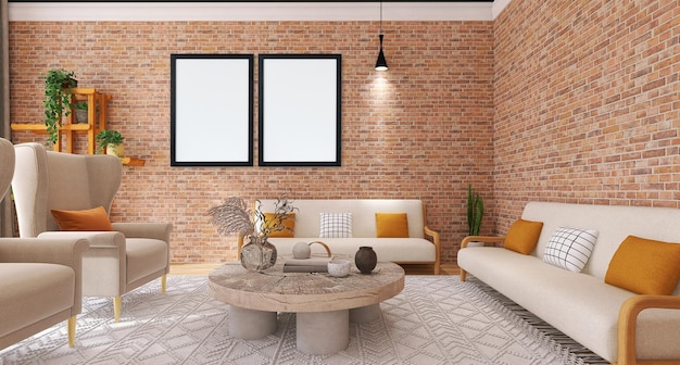 Photo frame mockup in modern living room interior design with bricks texture background