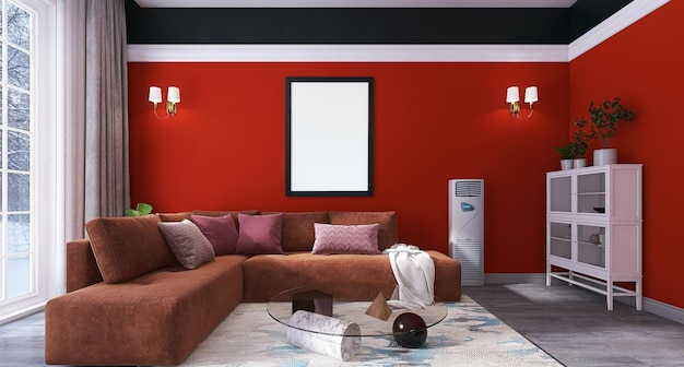 Photo frame mockup in modern living room interior design with red background