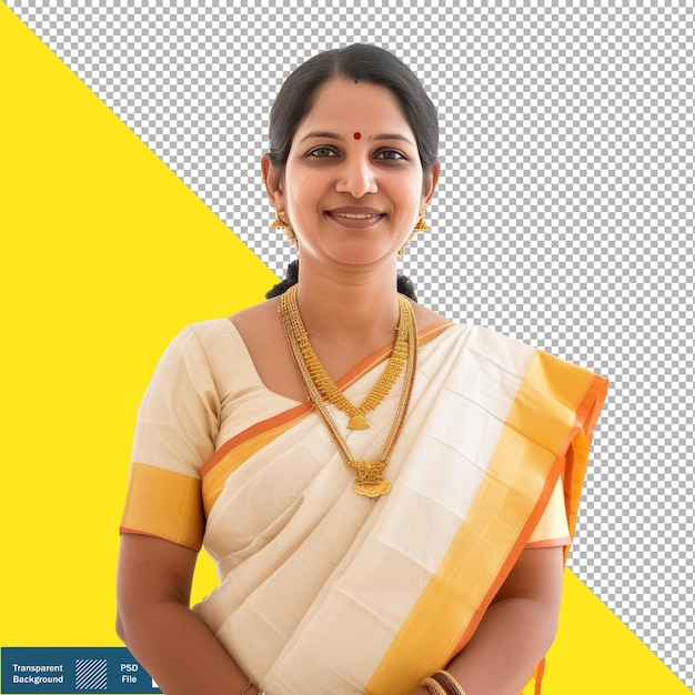 Photo of a Kerala Woman in Set Saree Smiling Transparent Background PNG PSD