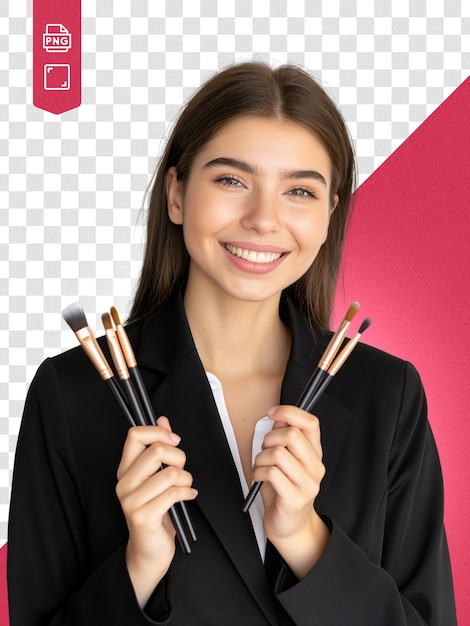 PSD photo of a makeup artist girl holding brushes in her hands on a transparent background