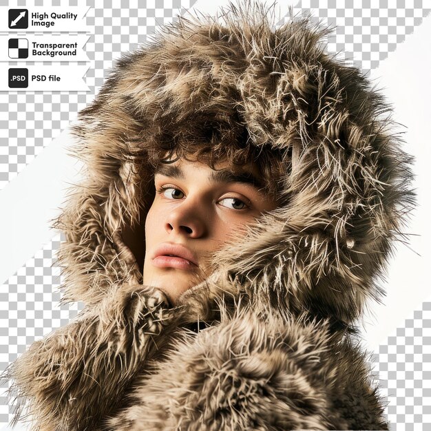 PSD a photo of a man wearing a fur coat that says quot hes a hood quot