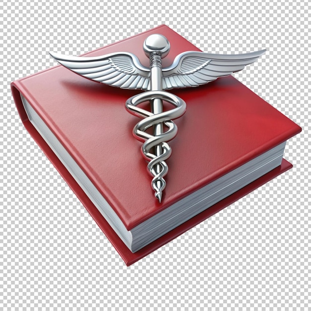 PSD photo medical book with silver caduceus symbol on transparent background