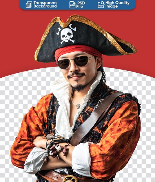 PSD photo of a piratedressed asian man ready for halloween celebration