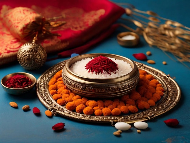 Photo raksha bandhan background with an elegant rakhi rice grains and kumkum