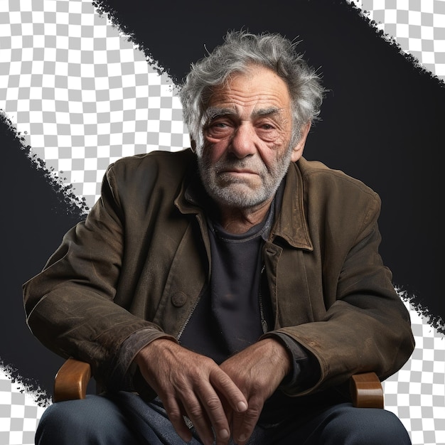 Photo of relaxed older person seated on transparent background