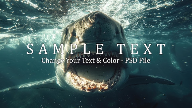 PSD photo of a sea shark from below open toothed mouth with many teeth underwater blue sea waves