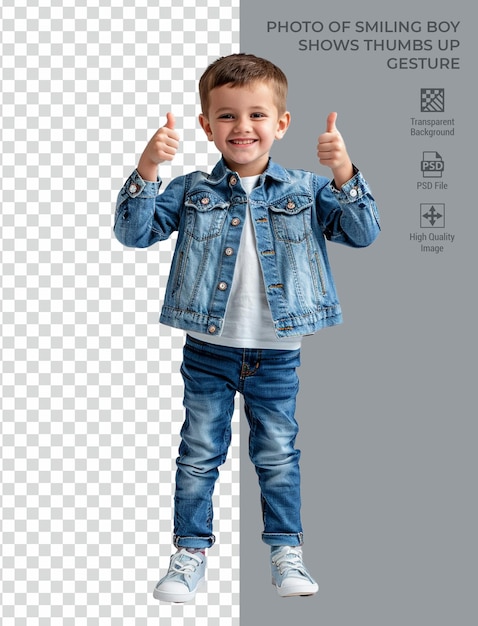 Photo of Smiling boy shows thumbs up gesture isolated on transparent background