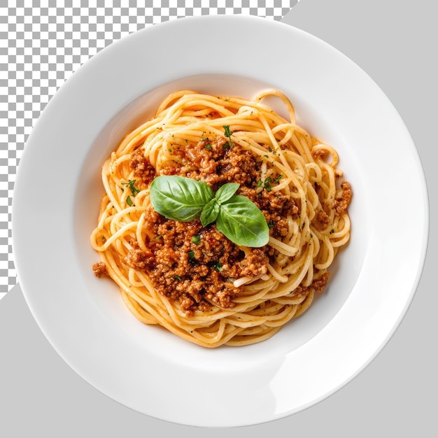 Photo of Spaghetti Bolognese on a white plate with an isolated background