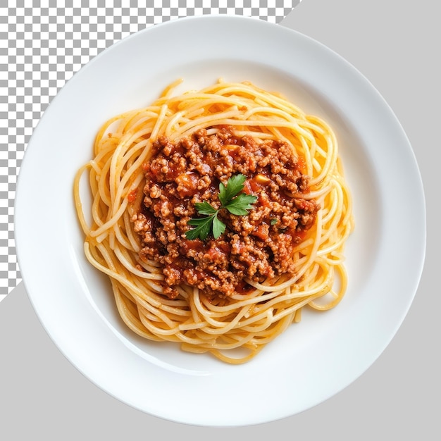 PSD photo of spaghetti bolognese on a white plate with an isolated background