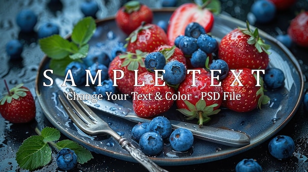 photo of Strawberries and blue berries on plate with knife and fork delicious dark background