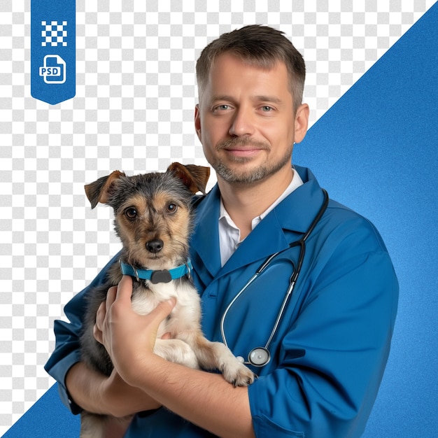 PSD photo of a veterinarian holding a pet in his arms on a transparent background