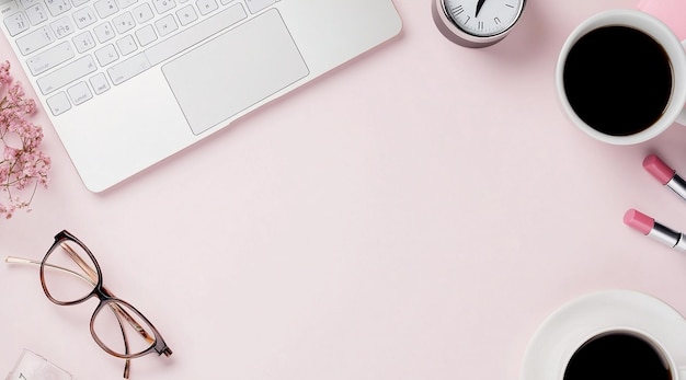 PSD photo of a white desk with an open laptop glasses on the left side and lipstick next to it