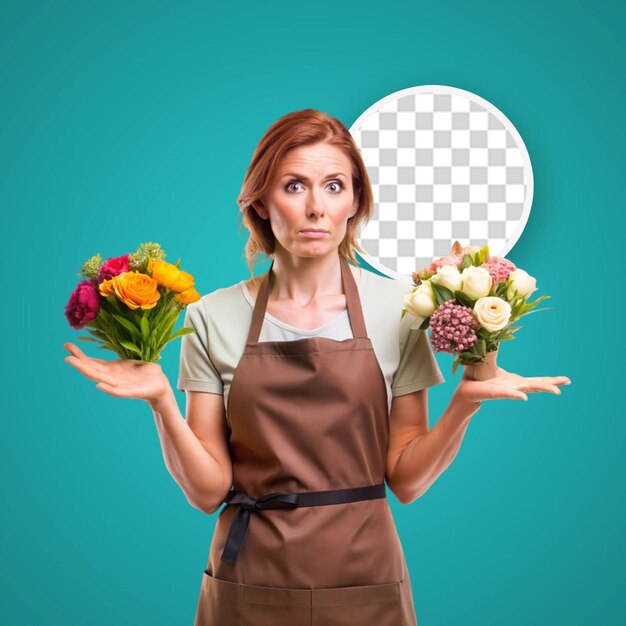 PSD photo of a woman in apron with a wooden plate of cauliflowers showing ok gesture