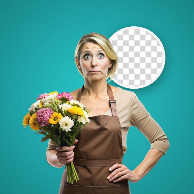 PSD photo of a woman in apron with a wooden plate of cauliflowers showing ok gesture