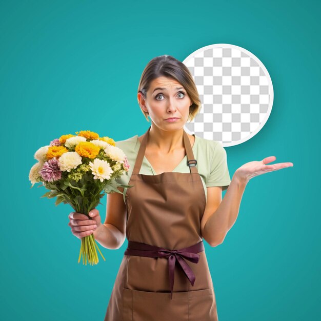 PSD photo of a woman in apron with a wooden plate of cauliflowers showing ok gesture