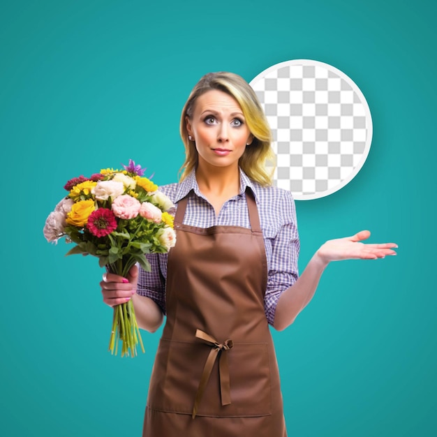 PSD photo of a woman in apron with a wooden plate of cauliflowers showing ok gesture