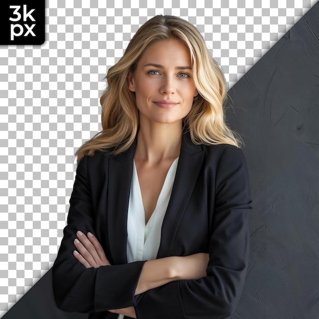 PSD a photo of a woman in a black suit with her arms crossed