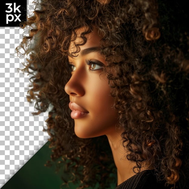 PSD a photo of a woman with curly hair and a black shirt