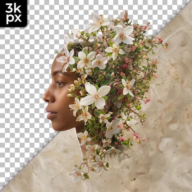 a photo of a woman with flowers on her head